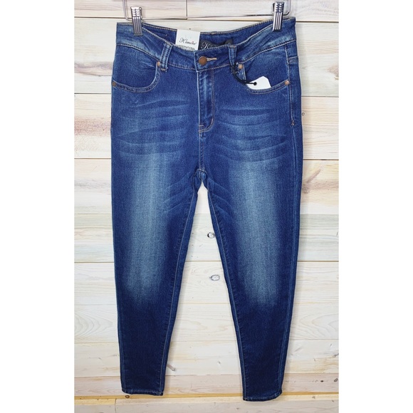 Dark Washed High Rise Skinny Jeans with Bleached Detailing - Picture 2 of 3